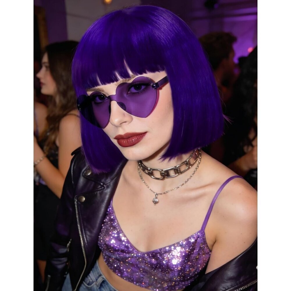 Women's Dark Purple 12 Inch Costume Cosplay Party Short Bob Wigs And Sunglass - Picture 6 of 7